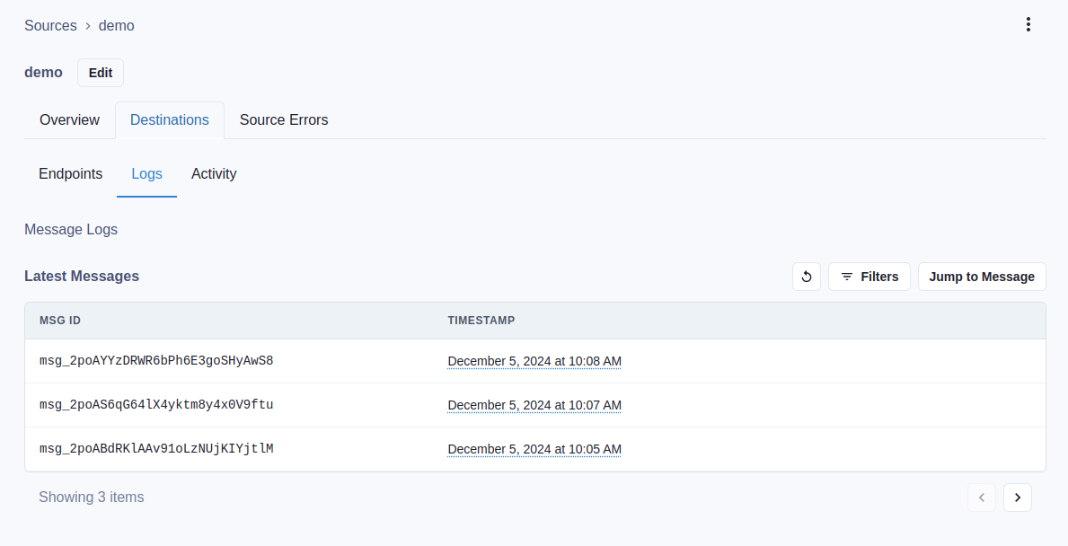 screenshot of the Ingest Dashboard showing the Destination/Logs tab for a Source named "demo"