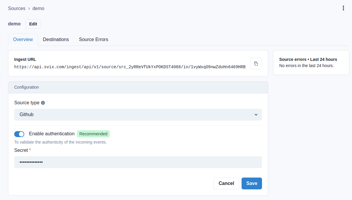 screenshot of the Ingest Dashboard showing the overview tab for a Source named "demo"